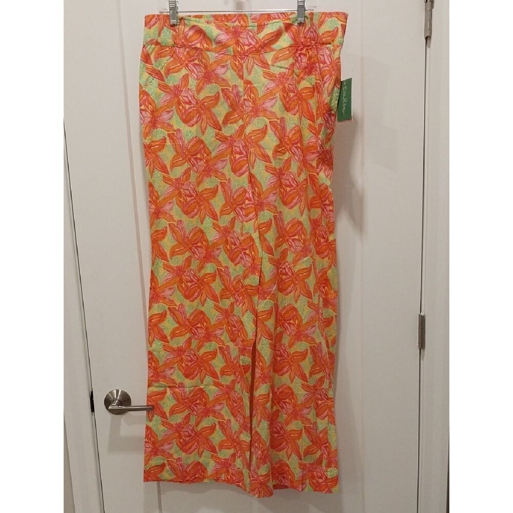 Lilly Pulitzer Orange Floral Print Pants with Lime Accents